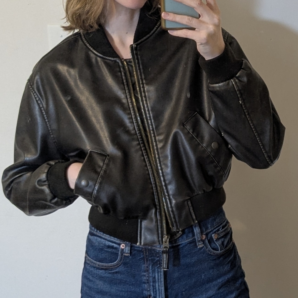 NWT American Eagle Outfitters Cropped Bomber Jacket Brown Faux Leather Small